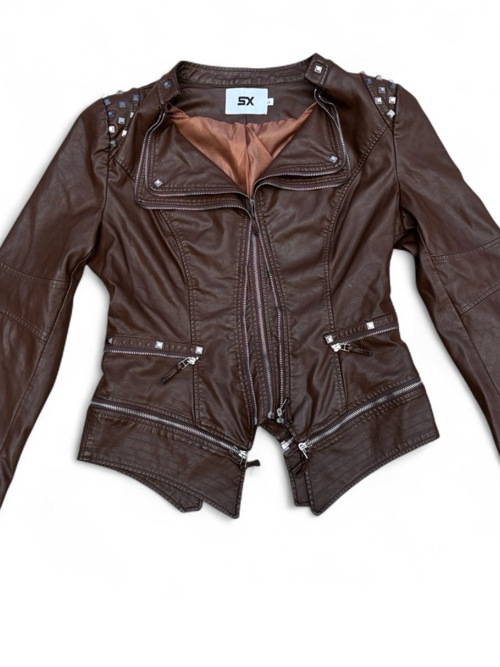 SX Brown Sljm Fit Studded Leather Moto Jacket Size L